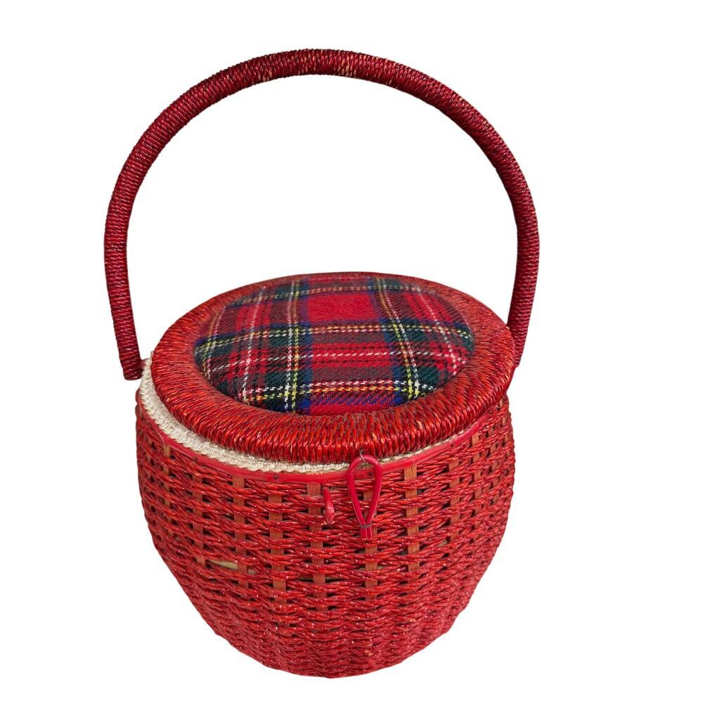 Vintage Woven Sewing Basket Tartan Lid Red White